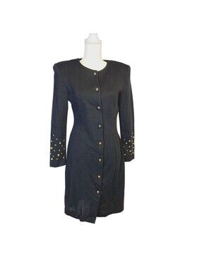 Sheri Martin Knit Dress Women 10 Black Vintage 80s Gold Button Power Retro Glam